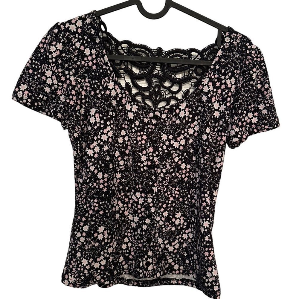 No Comment NY LA Black and Pink Floral Top Size M